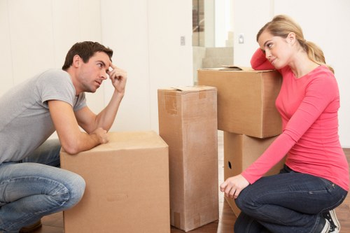 Prepared office boxes and furniture ready for transport in Colliers Wood